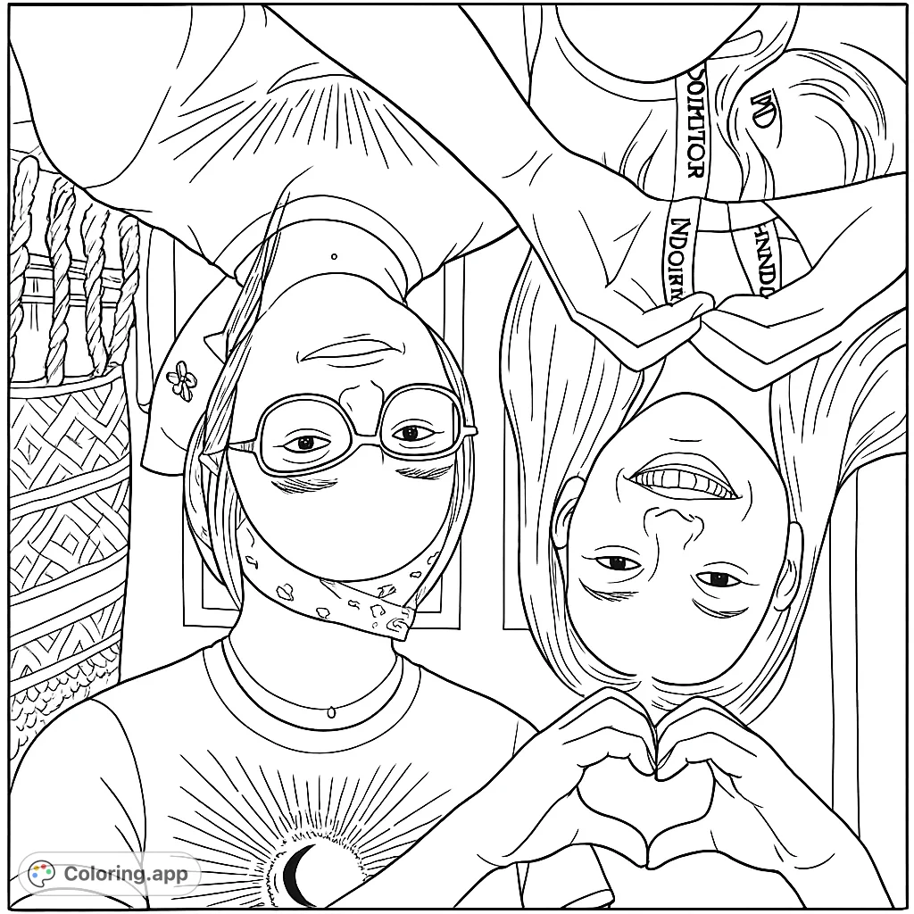 Capture friendship and fun with this unique coloring page featuring two smiling individuals upside down, one forming a heart with hands. Perfect for creative expression.