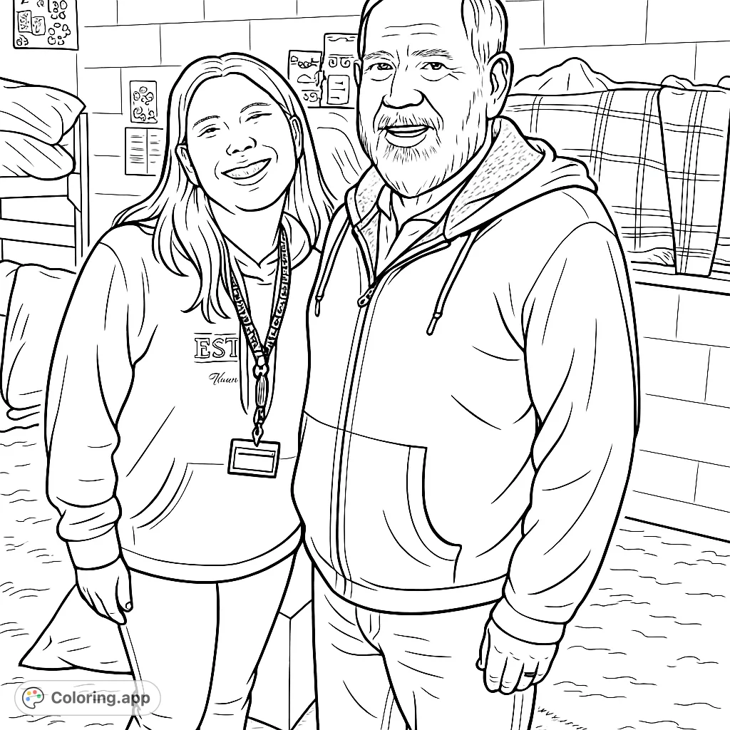 Capture a heartwarming moment between a young woman and an older man, perfect for family-themed coloring. A free printable intergenerational coloring page.