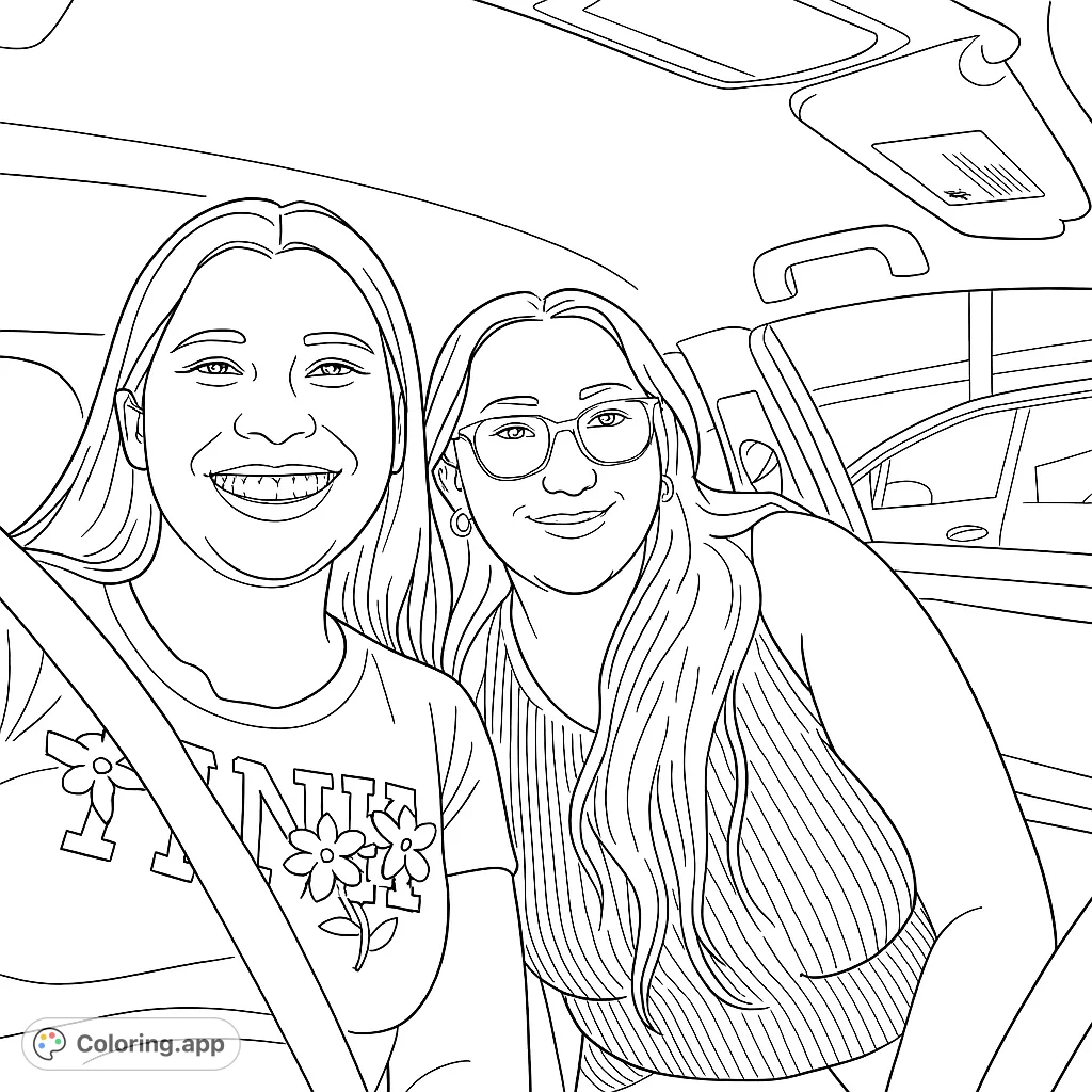 Two smiling friends enjoying a car ride, ready for a fun coloring adventure. Perfect for personalizing with your favorite shades and details.