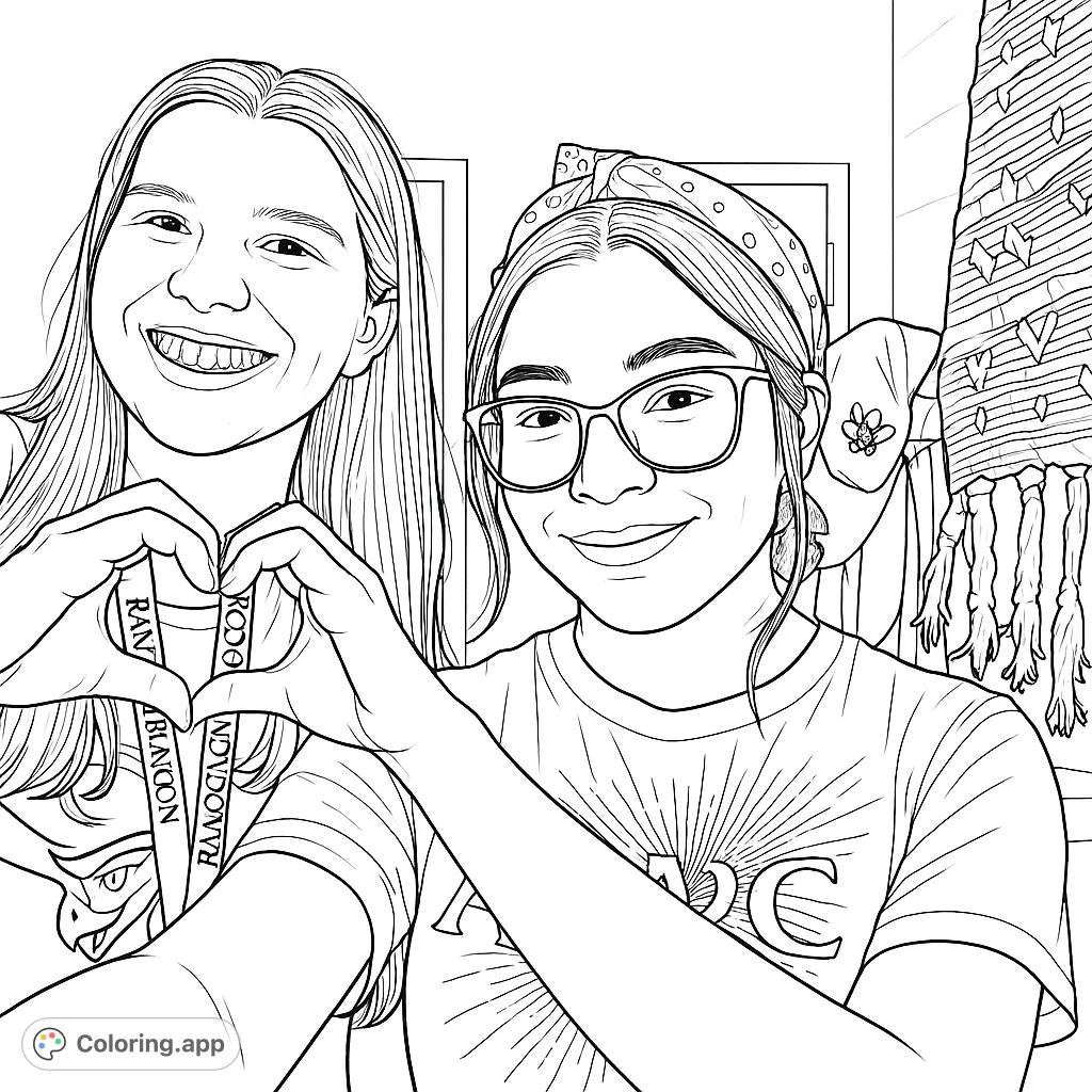 Two smiling friends form a heart with their hands, a heartwarming scene celebrating connection. Perfect for expressing affection and creativity.