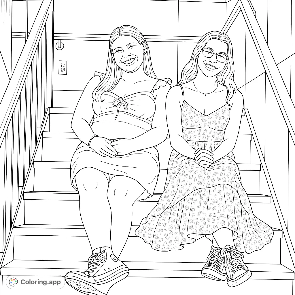 Two smiling friends share a joyful moment on a grand staircase, ready for a fun coloring adventure. Perfect for teens and young adults to personalize.