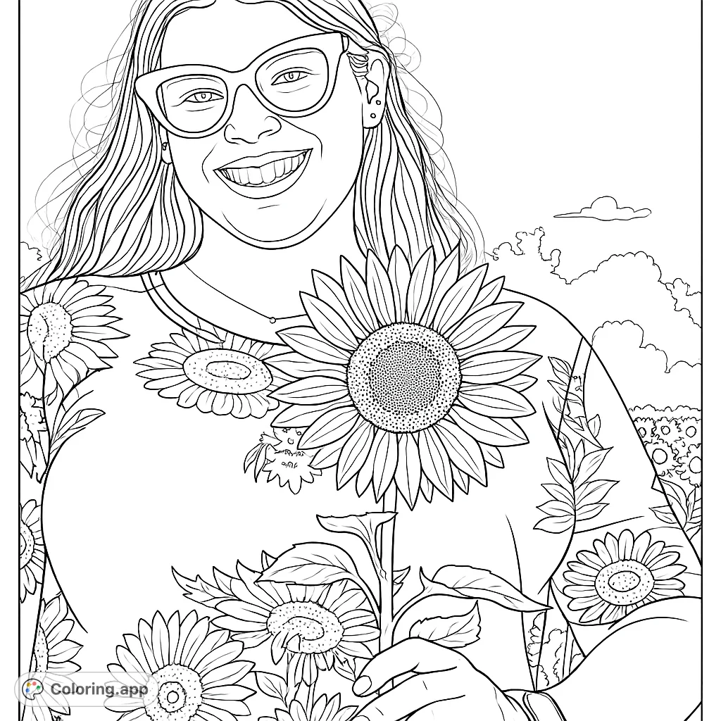 Capture the joy of nature with this sunflower field coloring page. A smiling person holds a large sunflower, surrounded by a vibrant floral pattern.