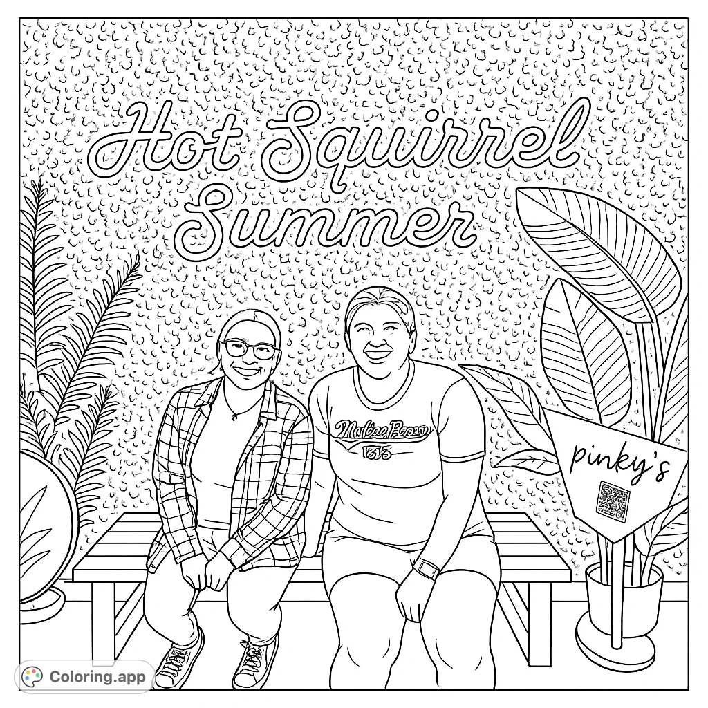Capture the joy of friendship on a summer day with two smiling individuals on a bench, surrounded by lush foliage and a playful neon sign.