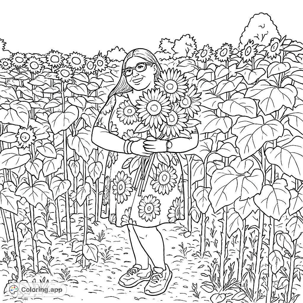A joyful person stands amidst a vibrant sunflower field, holding a bouquet of blooms. Perfect for nature lovers and a sunny coloring escape.