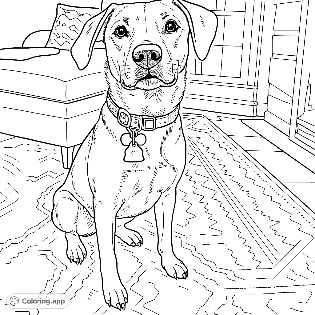 Capture the charm of a loyal dog sitting attentively in a cozy room. This delightful dog coloring page offers a relaxing and engaging artistic experience.