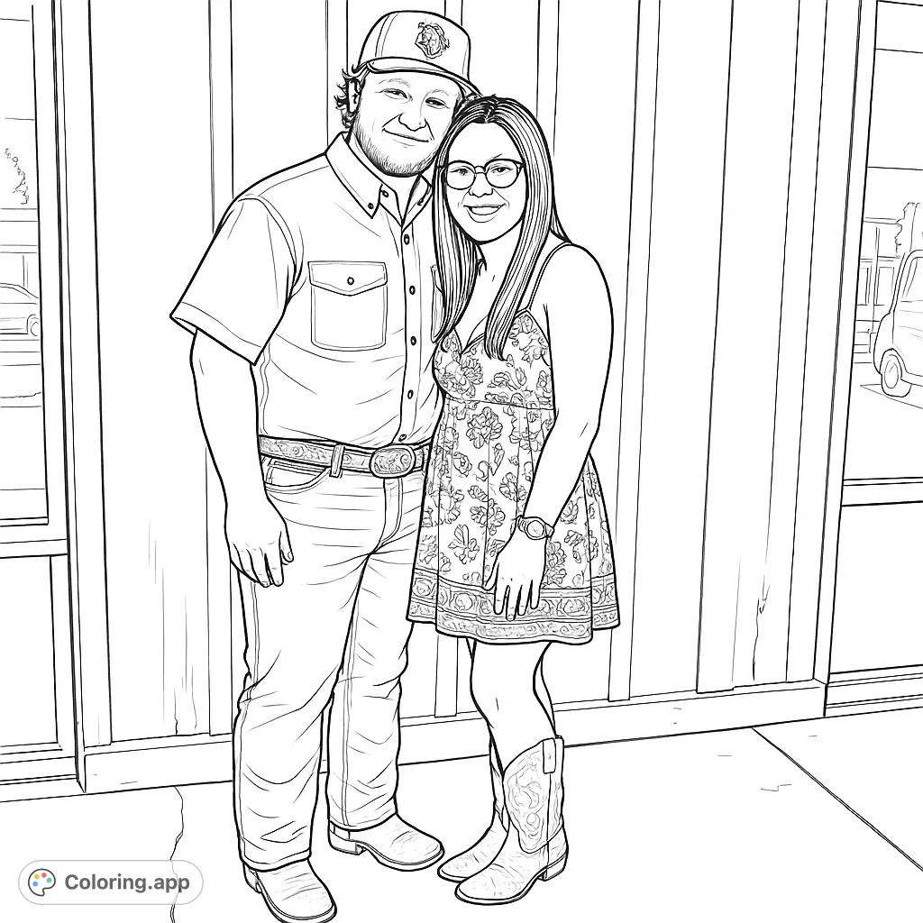 Capture the charm of a country couple in this delightful coloring page. Features a man in jeans and a woman in a patterned dress and boots.