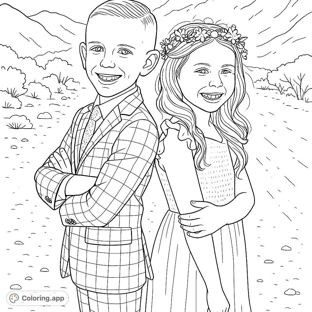 Capture the joy of two children in formal attire, standing back-to-back with bright smiles. A charming scene perfect for young colorists.