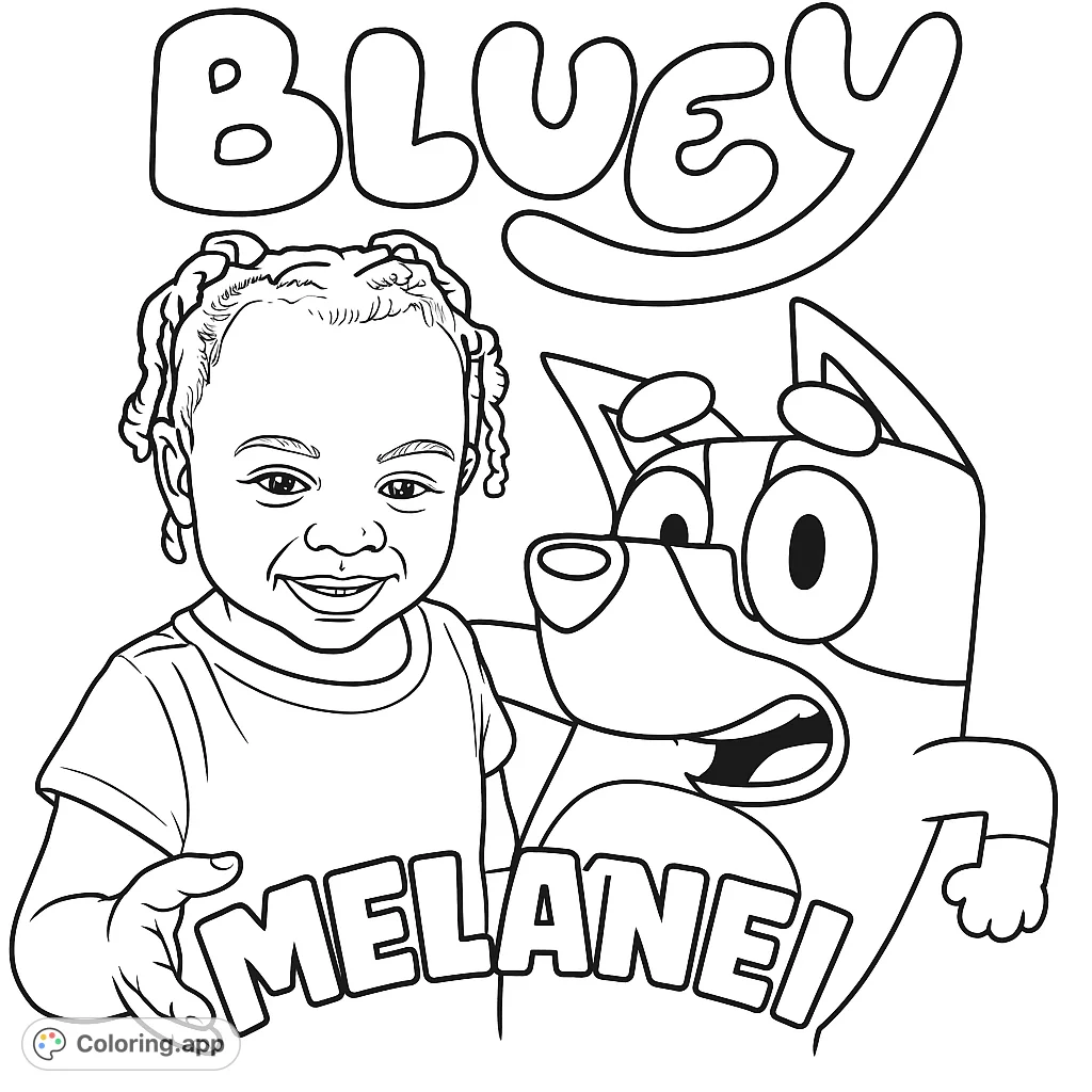 Join a happy child and a beloved cartoon dog character for a fun coloring adventure! Features stylized text elements for a personalized touch.