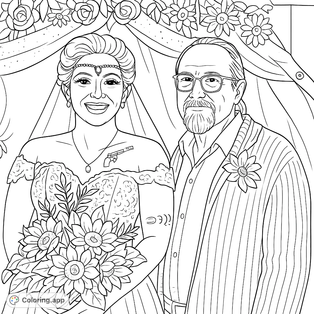 Capture a joyful celebration with a couple standing before a beautiful floral archway. Features intricate details on attire, a lush bouquet, and decorative elements.