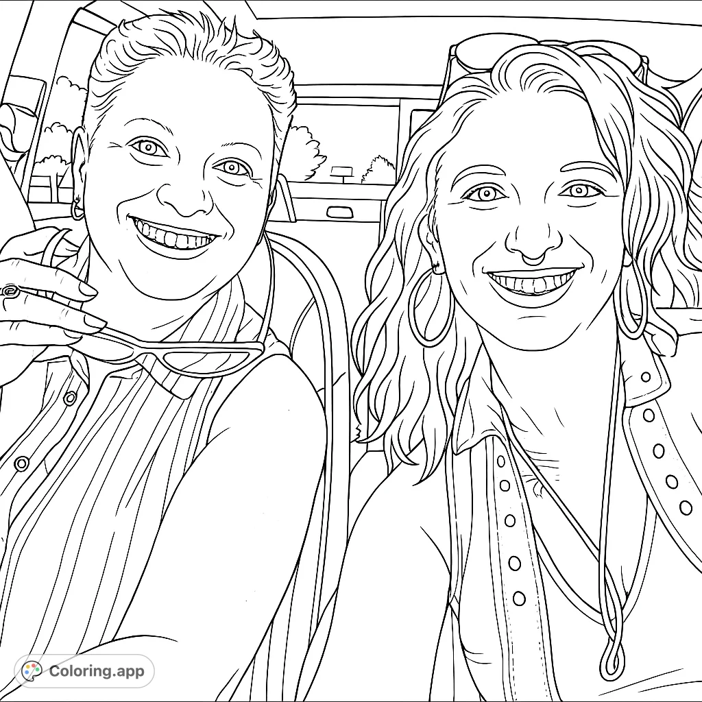 Capture joy with this smiling friends coloring page. Two women in a car, ready for adventure.