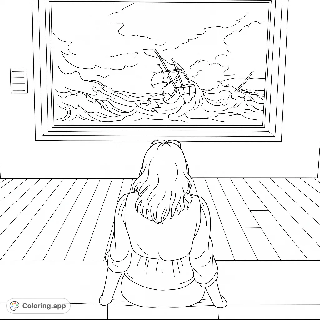 A captivating coloring page featuring a person admiring a dramatic painting of a ship battling a stormy sea in a museum setting. Perfect for art lovers.