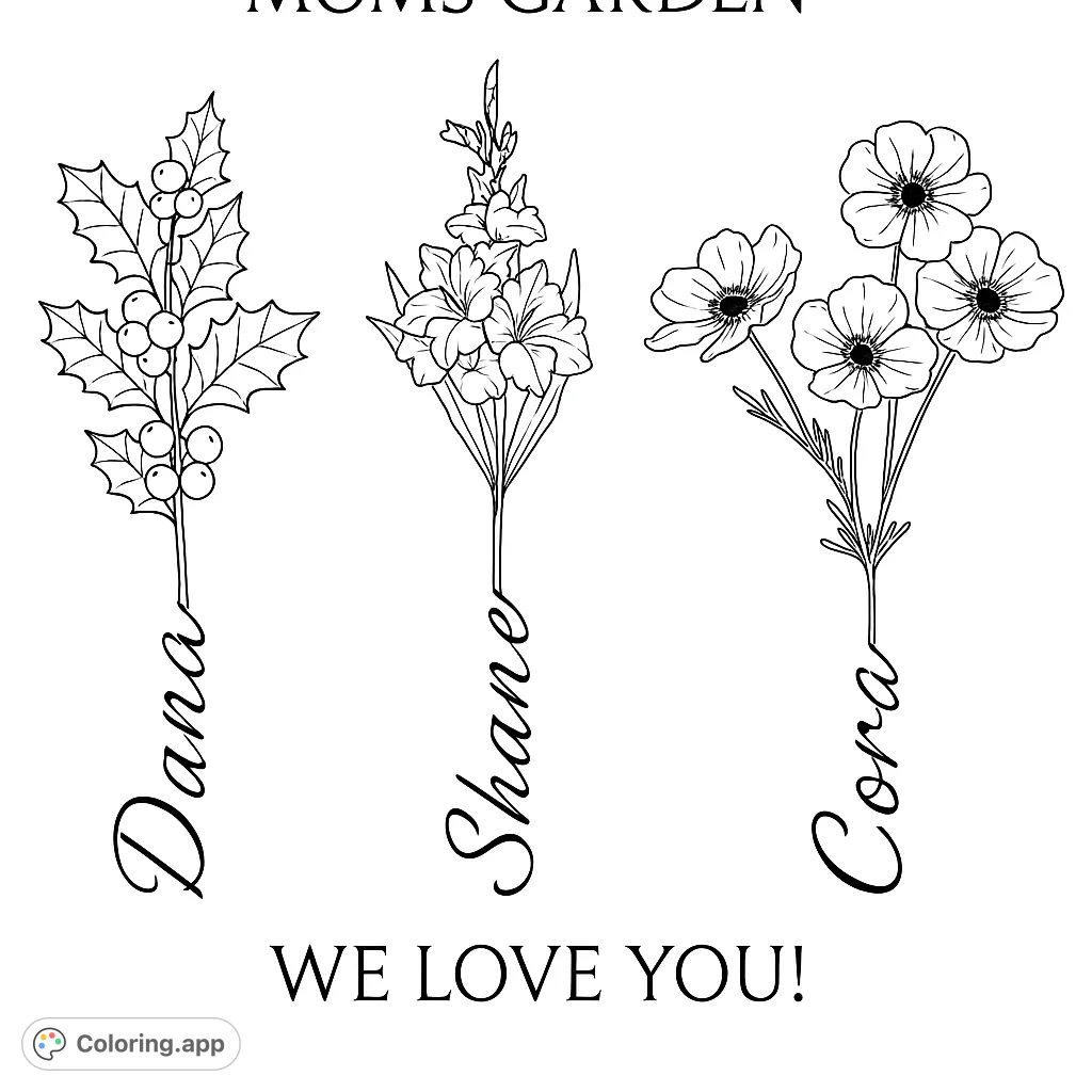A beautiful Mom's Garden coloring page featuring three unique floral designs with integrated names, perfect for a heartfelt tribute.