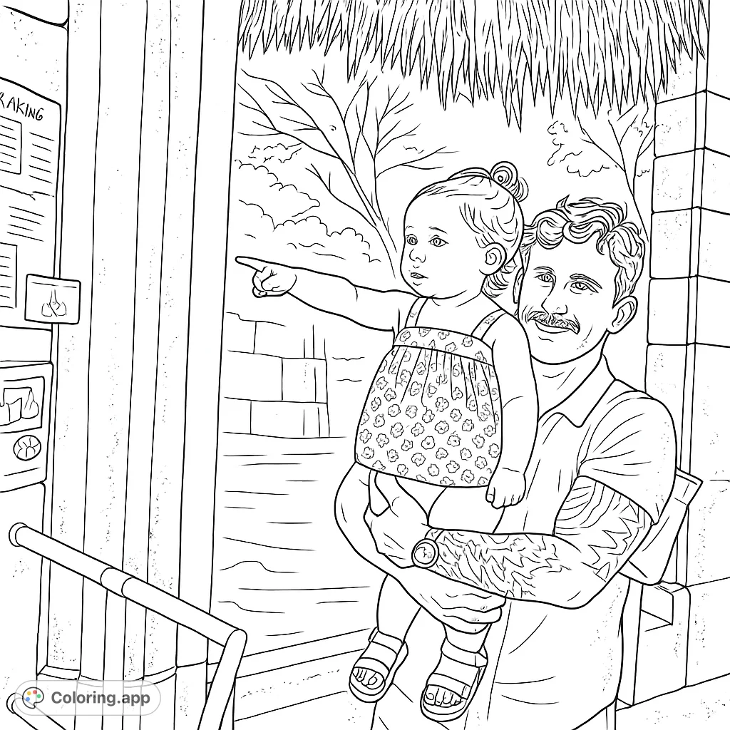 A heartwarming aquarium scene featuring a dad holding his child, who points with wonder at the underwater world. Perfect for family fun and imaginative coloring.