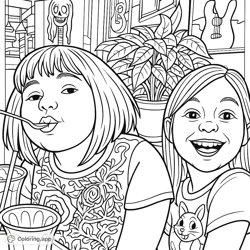 A delightful cartoony coloring page featuring two friends enjoying a meal, with playful expressions and detailed background elements. Perfect for creative fun!