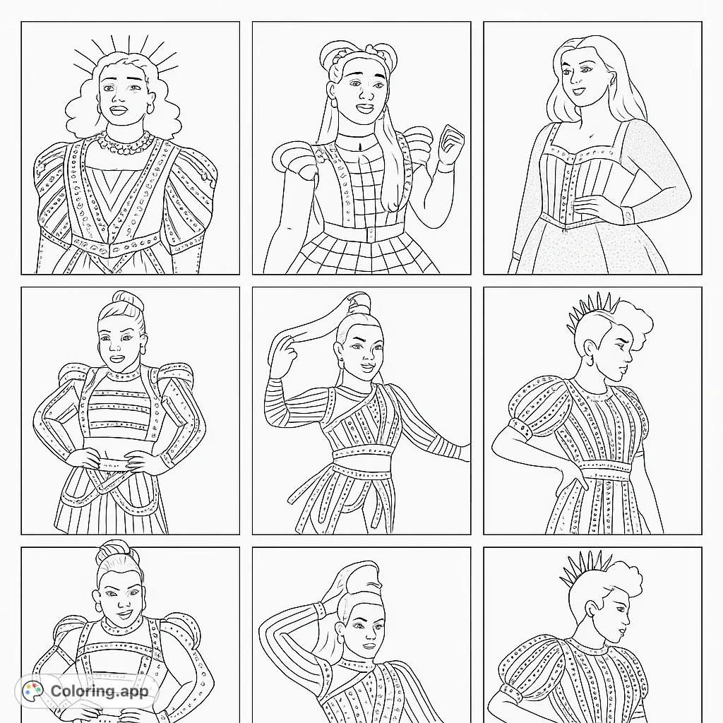 Six stylized female figures in unique, elaborate costumes, each in a framed portrait. A vibrant and empowering pop art tribute to historical queens.
