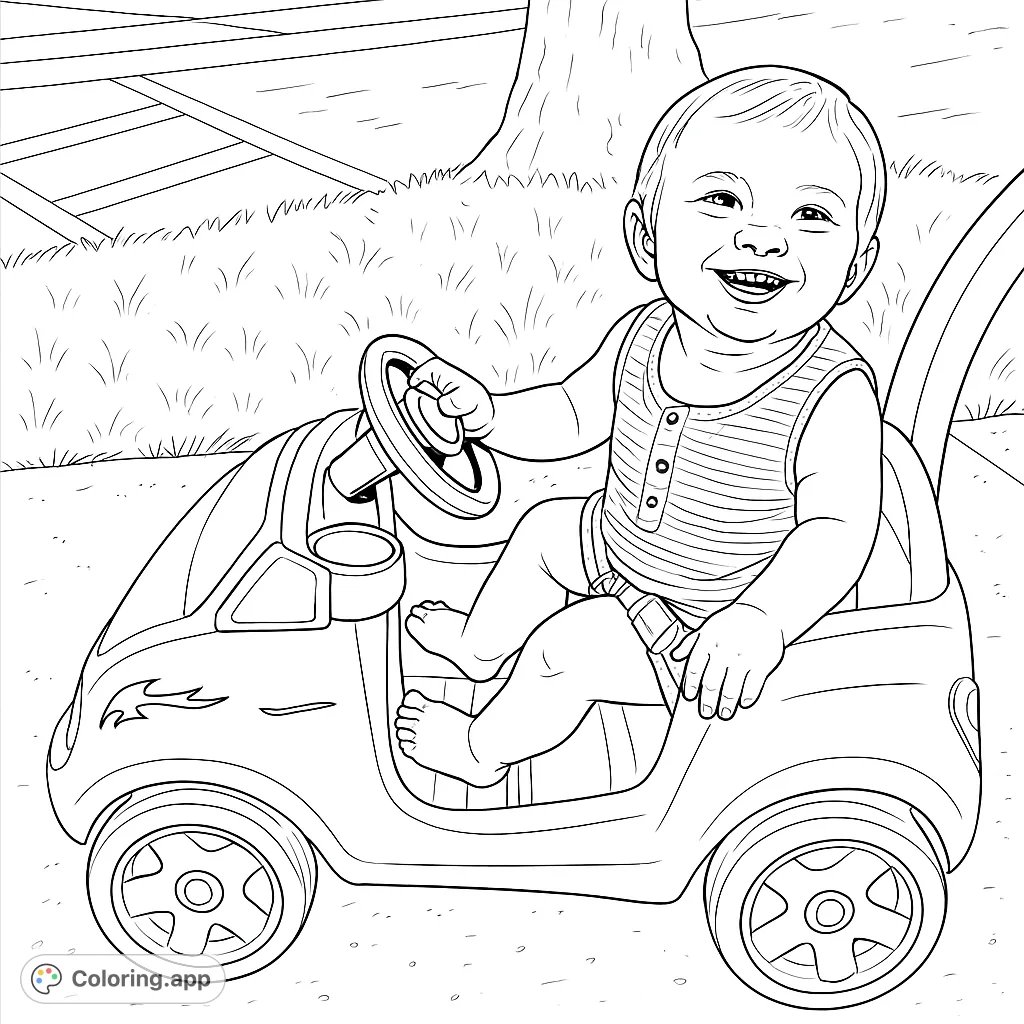 A delightful baby smiles from a toy car, ready for adventure. This free printable baby coloring page is perfect for young artists and parents.
