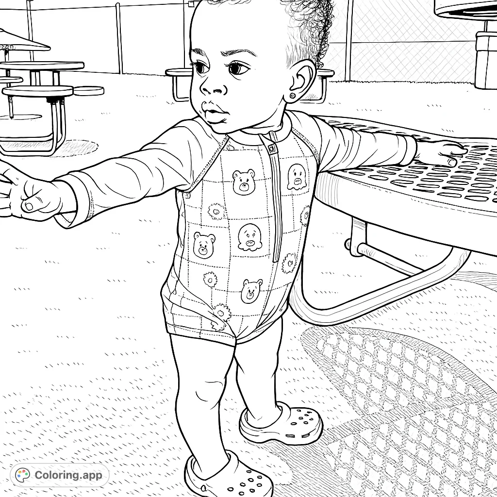 A delightful coloring page featuring a playful child in a patterned rash guard, leaning on a picnic table outdoors. Perfect for young artists!