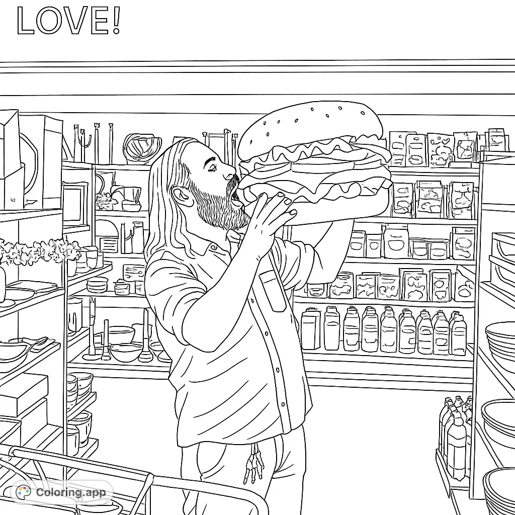 A fun, oversized burger scene! A man playfully 'eats' a giant hamburger in a store aisle, perfect for a whimsical coloring adventure.