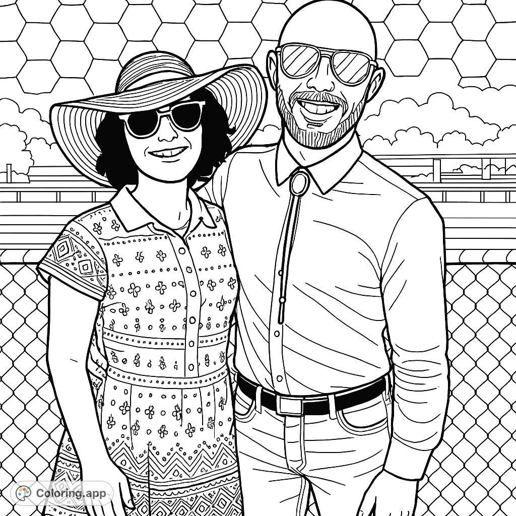Capture a joyful moment with this smiling couple at an outdoor event. Features detailed clothing patterns and a dynamic background, perfect for creative expression.