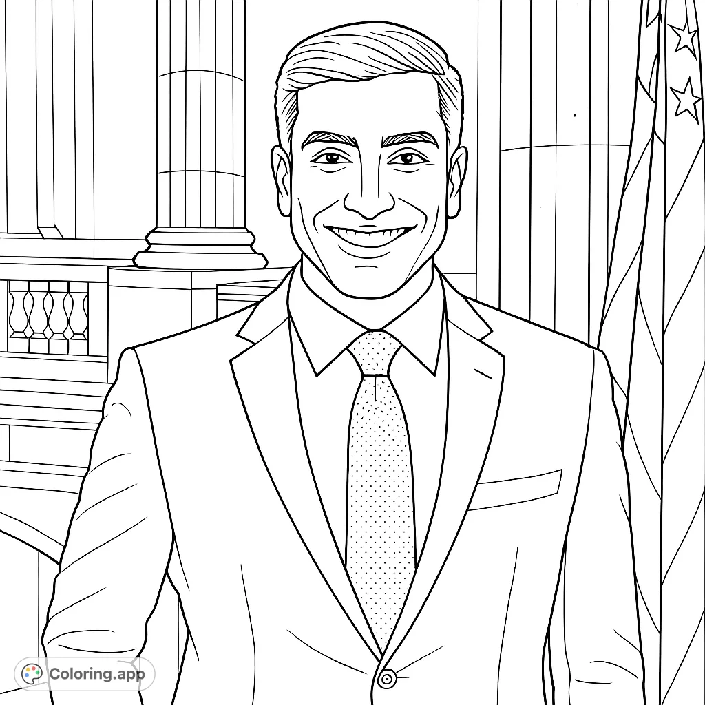 Color a distinguished man in a suit, smiling confidently against a backdrop of grand architecture and a national flag. Perfect for those who appreciate formal portraits.