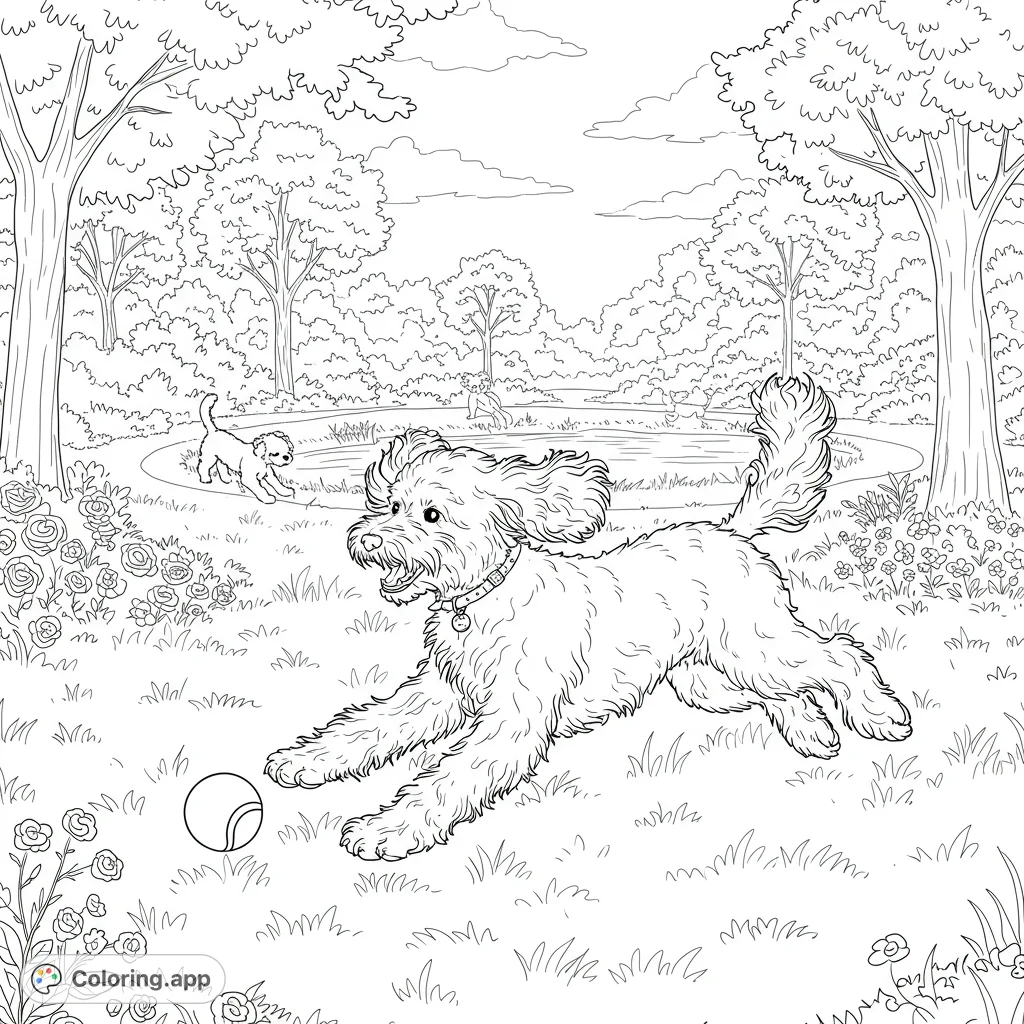 A playful Golden Doodle leaps through a park, chasing a ball amidst trees and a pond. A simple, hand-drawn sketch for a relaxing coloring experience.