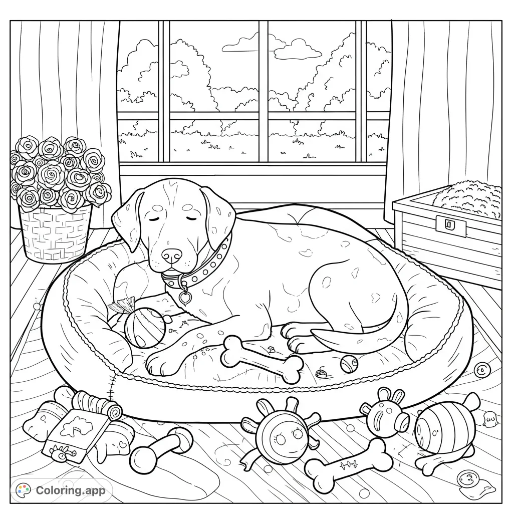 A contented doodle dog relaxes on a plush bed, surrounded by toys, with a decorative collar. Perfect for a simple, charming coloring experience.