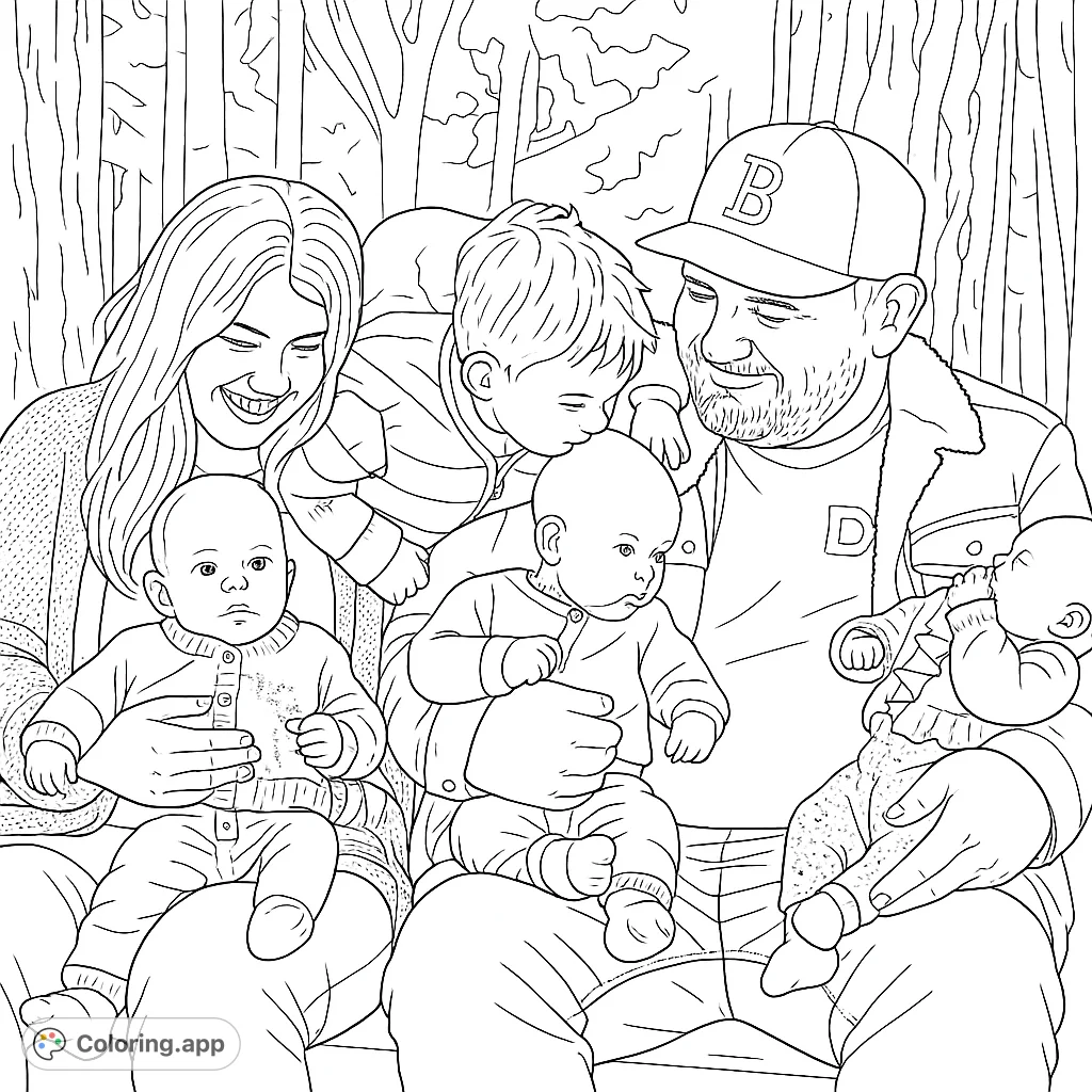 Capture a heartwarming family moment with a couple, a toddler, and two infants amidst nature. A delightful family coloring page for all ages.