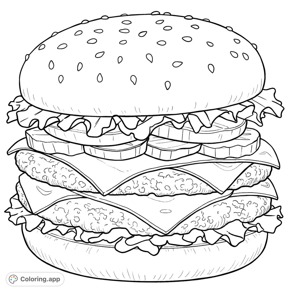 Celebrate with a detailed double-meat hamburger coloring page, featuring two patties, cheese, and fresh toppings, alongside a 'Happy Birthday' message.