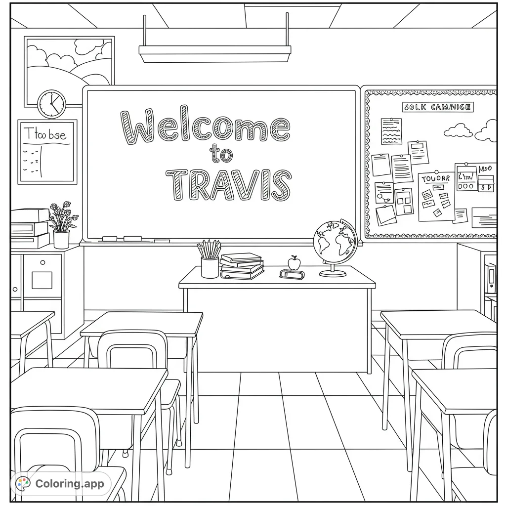 A detailed back to school coloring page featuring a welcoming classroom with school supplies, a globe, and a chalkboard displ...