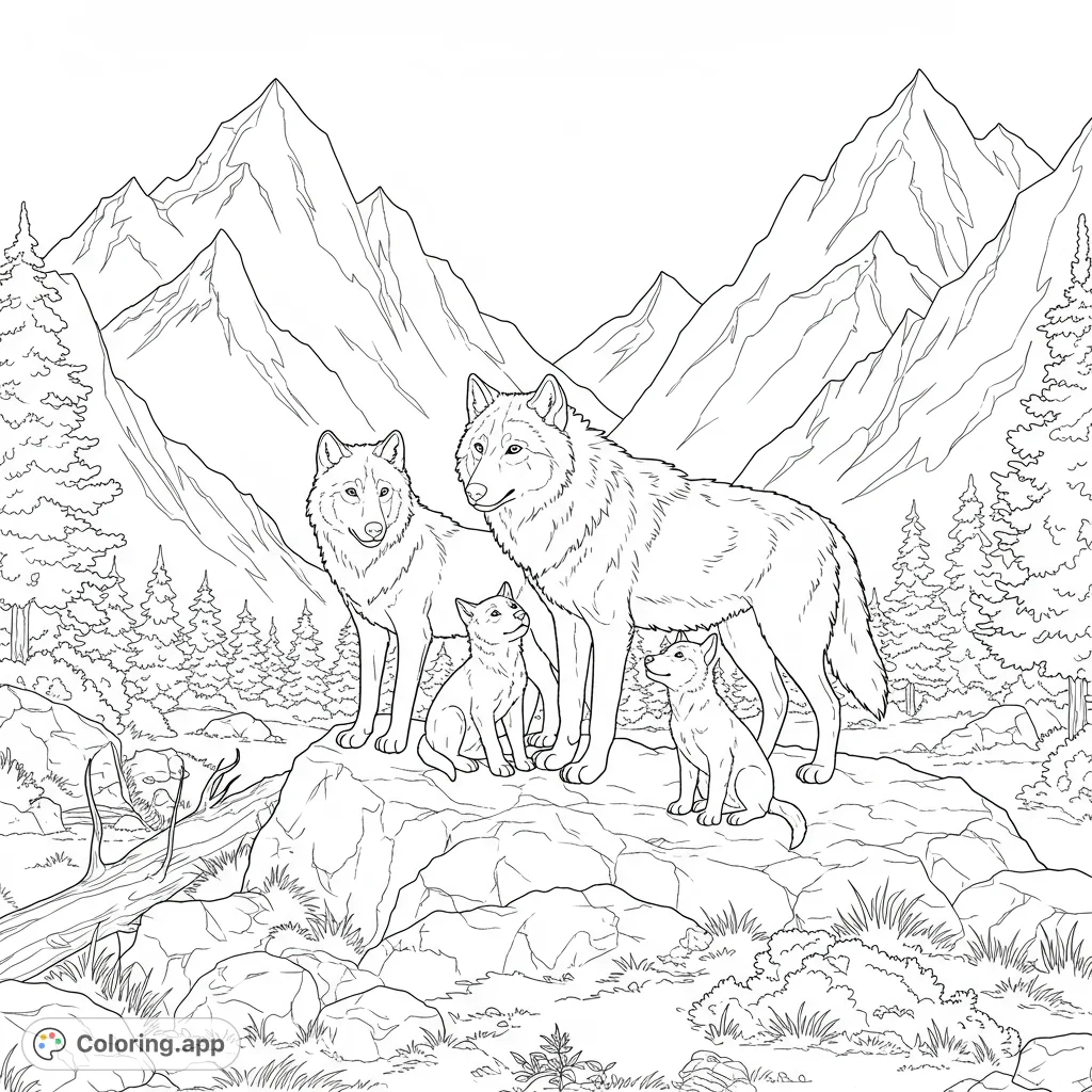 A heartwarming mountain wolf family coloring page featuring adult wolves and playful pups amidst rugged peaks and pine trees. Perfect for nature lovers.