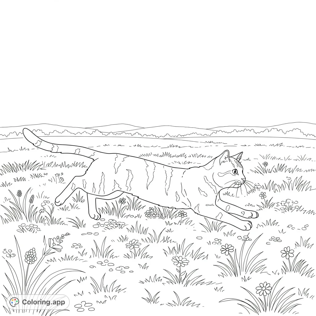 A dynamic cat coloring page featuring a domestic cat in mid-chase across a vibrant field, perfect for animal lovers and nature enthusiasts.