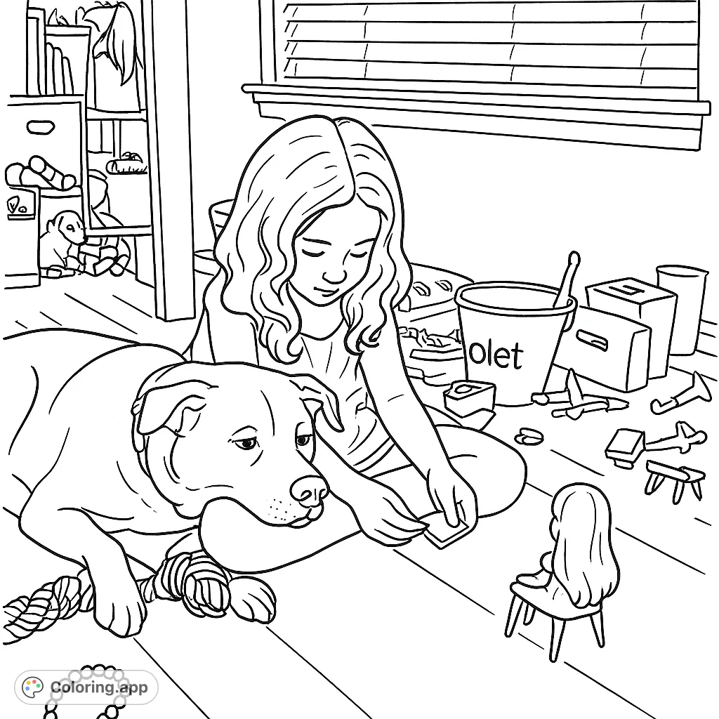 A heartwarming girl and dog coloring page, perfect for kids and pet lovers. Features a girl playing with her dog amidst scattered toys.