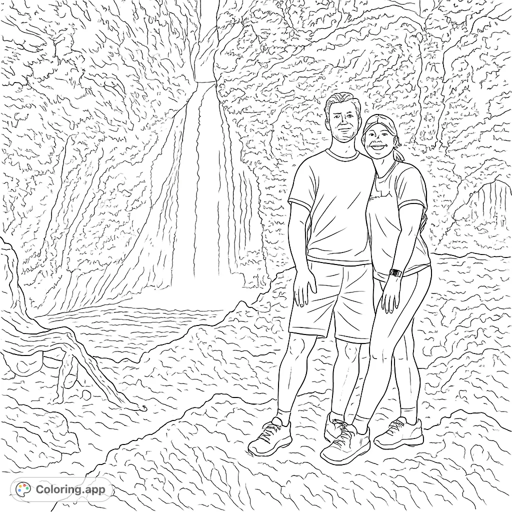 Capture a memorable moment with this waterfall adventure duo coloring page. Features a couple smiling before a majestic cascade and lush, rocky cliffs.