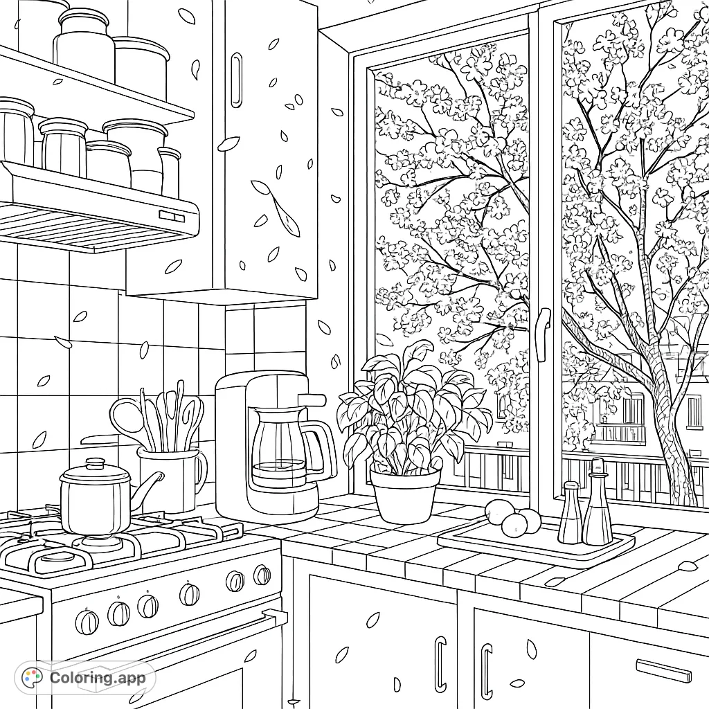 Step into a charming kitchen with a sunlit window view of a blossoming tree. This detailed coloring page offers a delightful scene for creative expression.