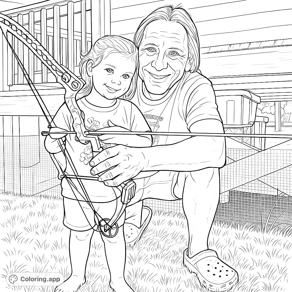 A heartwarming archery lesson featuring a smiling adult and child with a compound bow. Perfect for family bonding and outdoor adventure coloring.