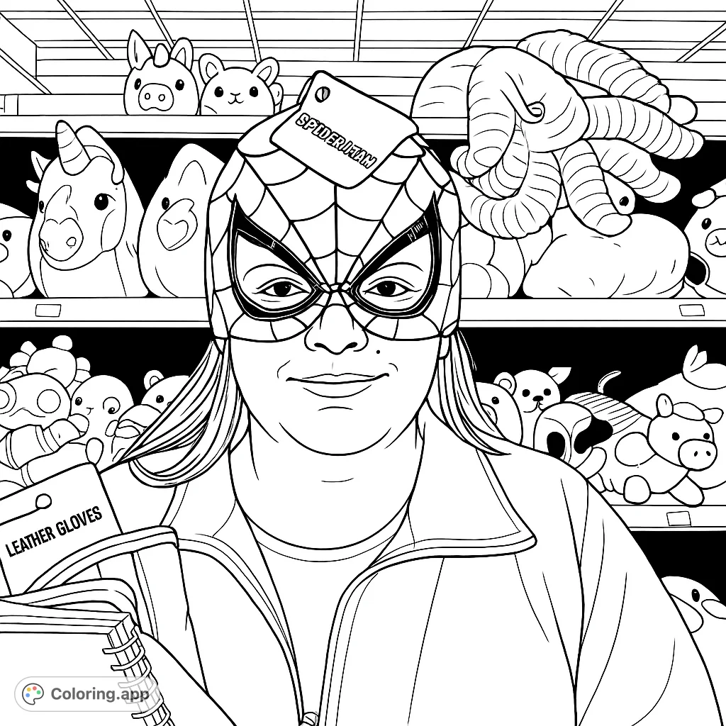 A fun superhero mask coloring page featuring a person in a web-patterned hat amidst plush toys. Perfect for fans of heroes and playful scenes.