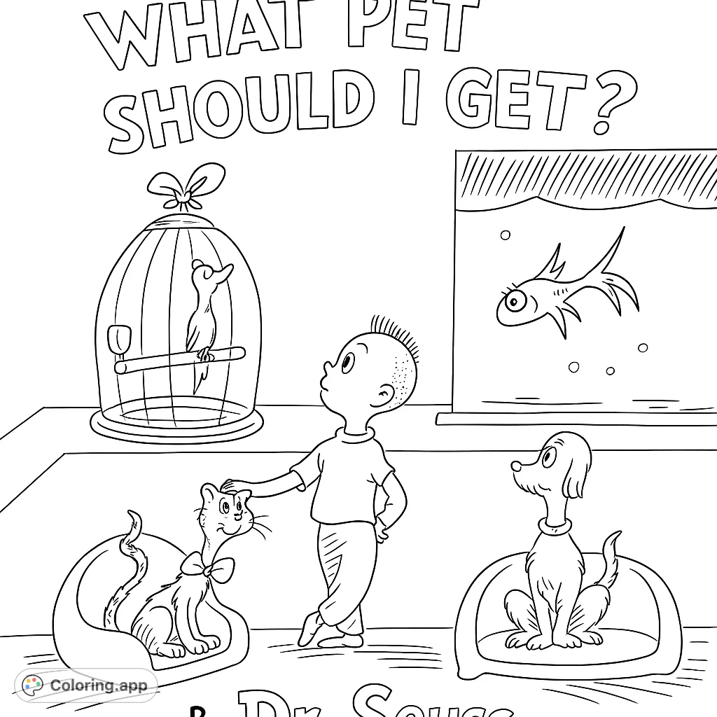 A delightful Dr. Seuss-inspired coloring page featuring a child surrounded by various whimsical pets, including a bird, fish, and unique creatures.