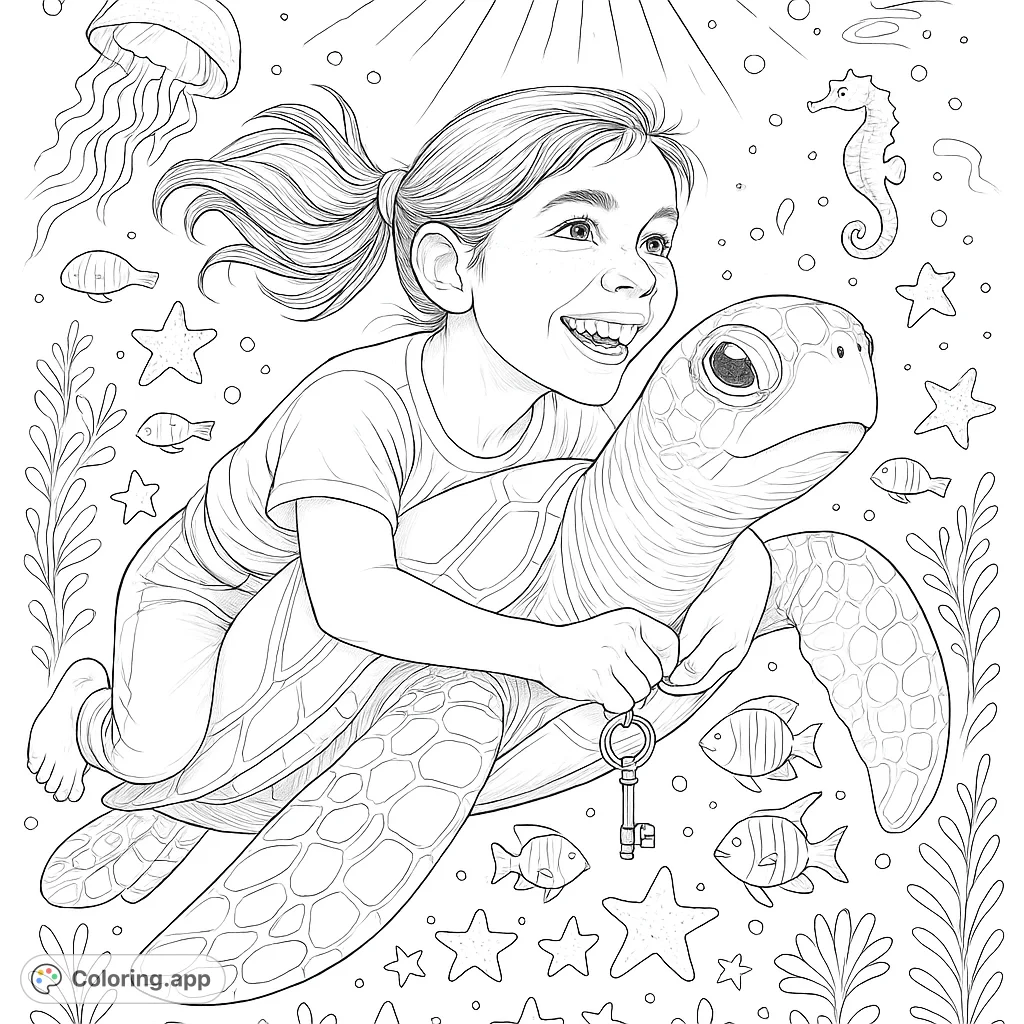 Dive into a highly detailed underwater world! A joyful girl rides a magnificent sea turtle, surrounded by intricate marine life and shimmering light.