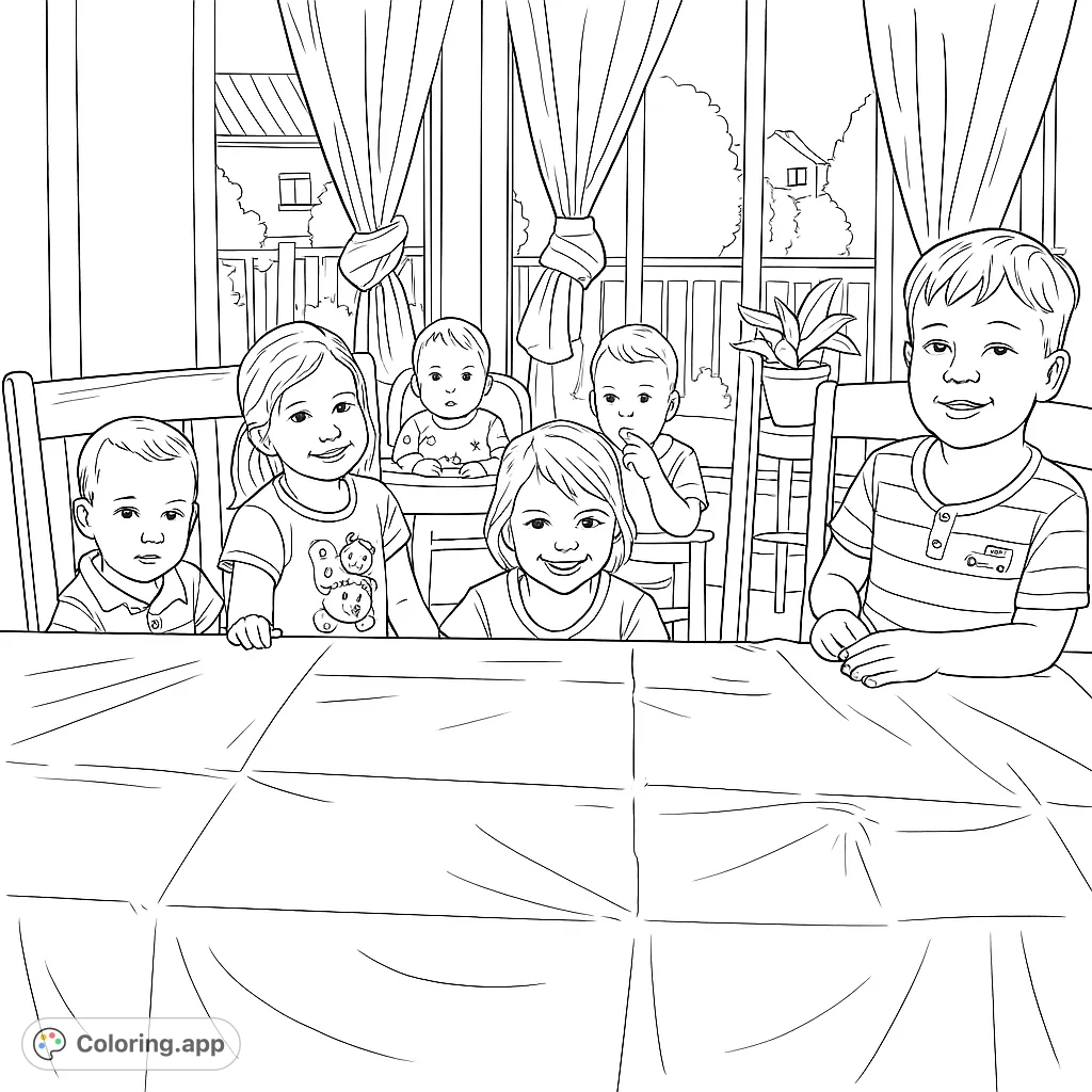 A delightful coloring page featuring six cheerful children gathered around a table, ready for a fun activity. Perfect for family and friendship themes.