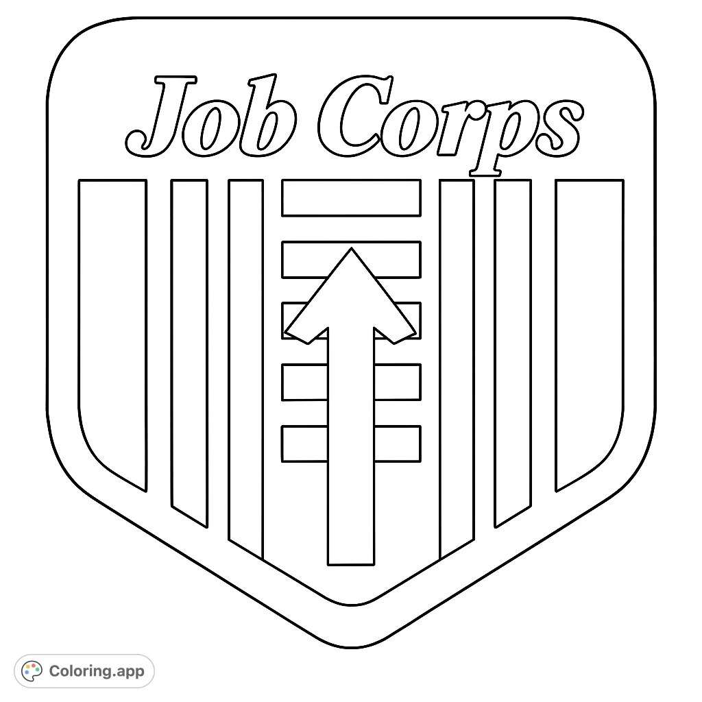 A distinctive shield emblem featuring an upward arrow, vertical stripes, and horizontal bars, with 'Job Corps' text at the top, symbolizing progress and opportunity.