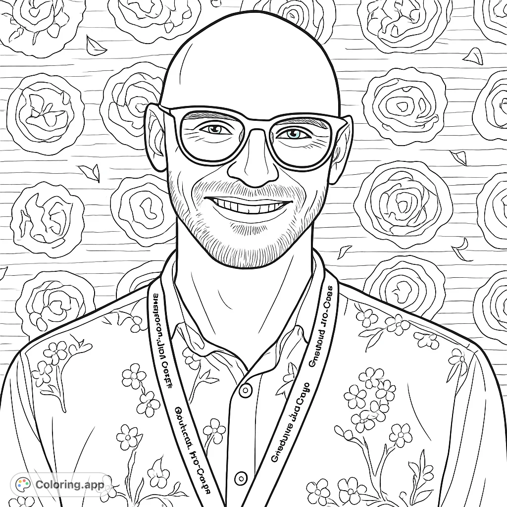 Color a smiling man in a detailed floral shirt and glasses, set against a backdrop of abstract circular patterns. A unique portrait for creative expression.
