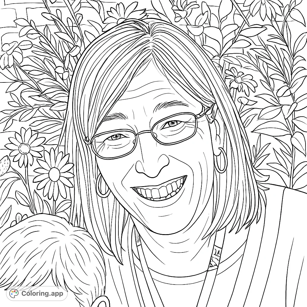 Capture the warmth of a joyful smile surrounded by a lush garden. This delightful portrait coloring page offers intricate floral details and a cheerful subject.
