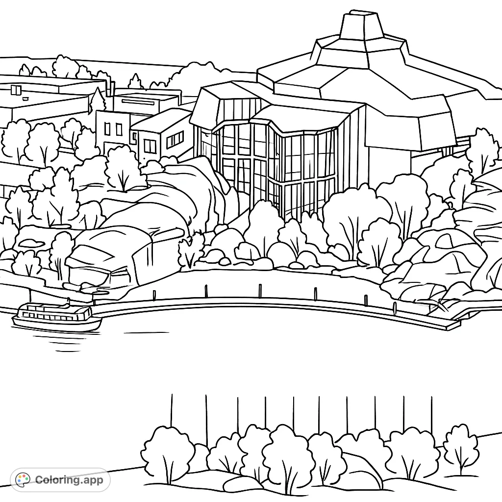 Explore a detailed modern architectural landscape featuring a unique building, glass structure, boat, and natural rock formations by a serene body of water.