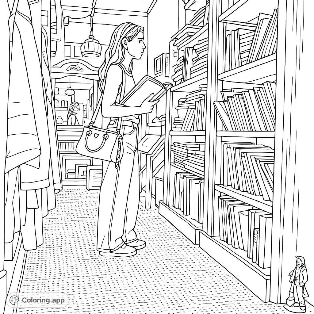 Explore a charming vintage bookstore scene with a young woman discovering old books. A detailed coloring page for book lovers and enthusiasts.