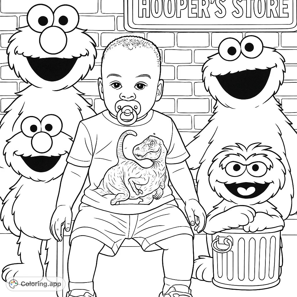A delightful coloring page featuring a cheerful baby surrounded by beloved Sesame Street characters, perfect for young fans and nostalgic adults.