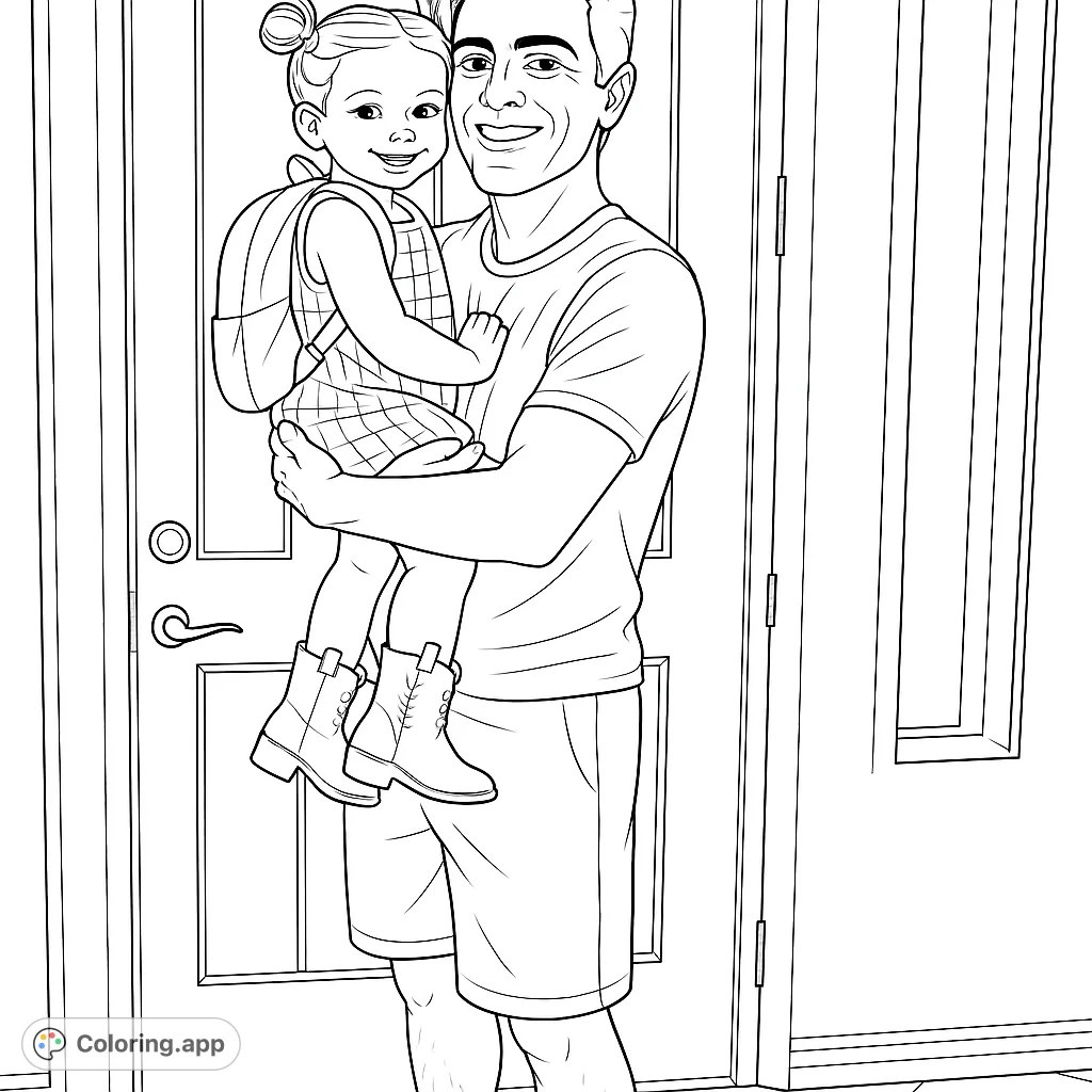 Capture a heartwarming father-daughter moment with this free printable coloring page. Features a smiling dad holding his child, ready for a new adventure.