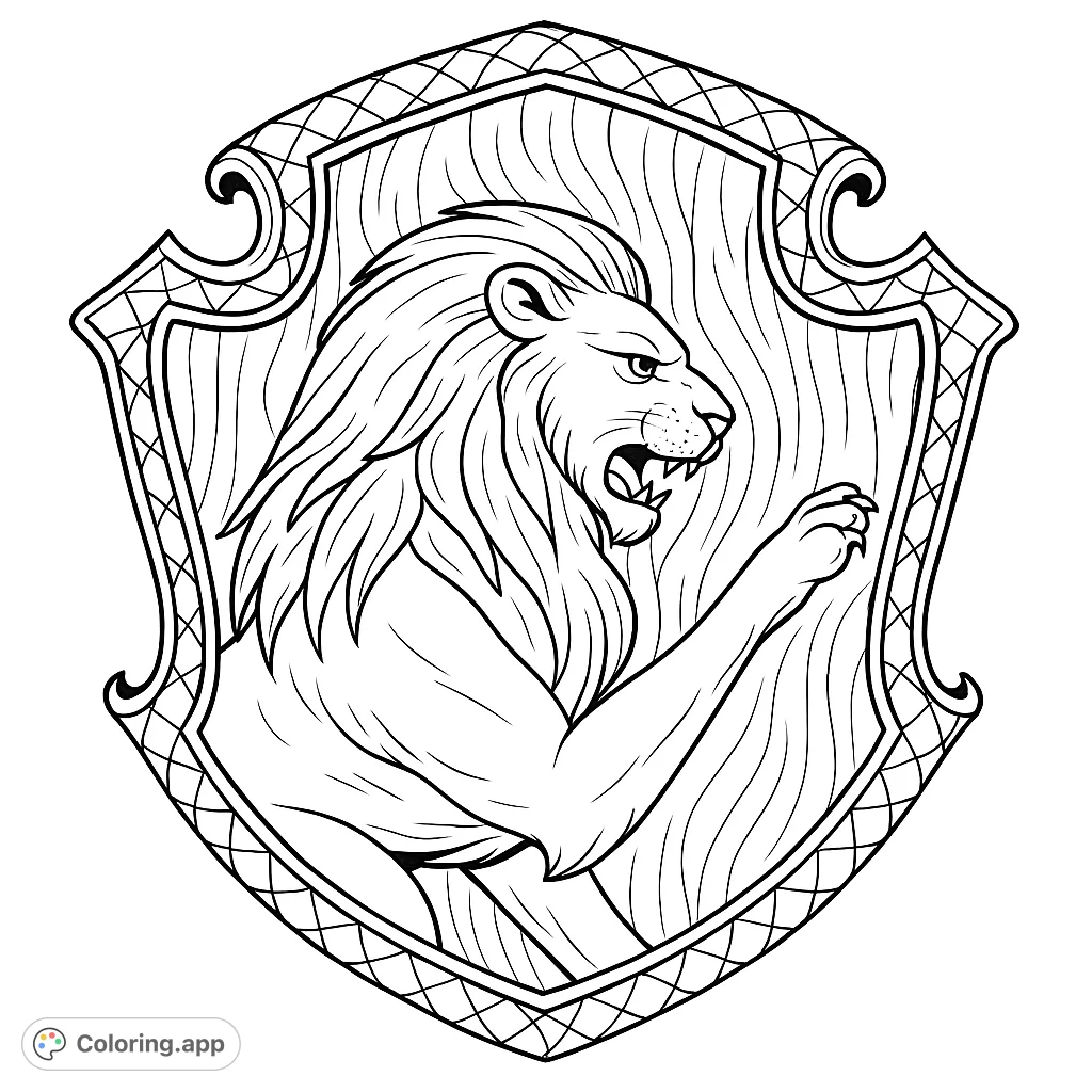 Unleash your creativity with this roaring lion shield emblem coloring page. Features a majestic lion within an ornate shield, perfect for all ages.