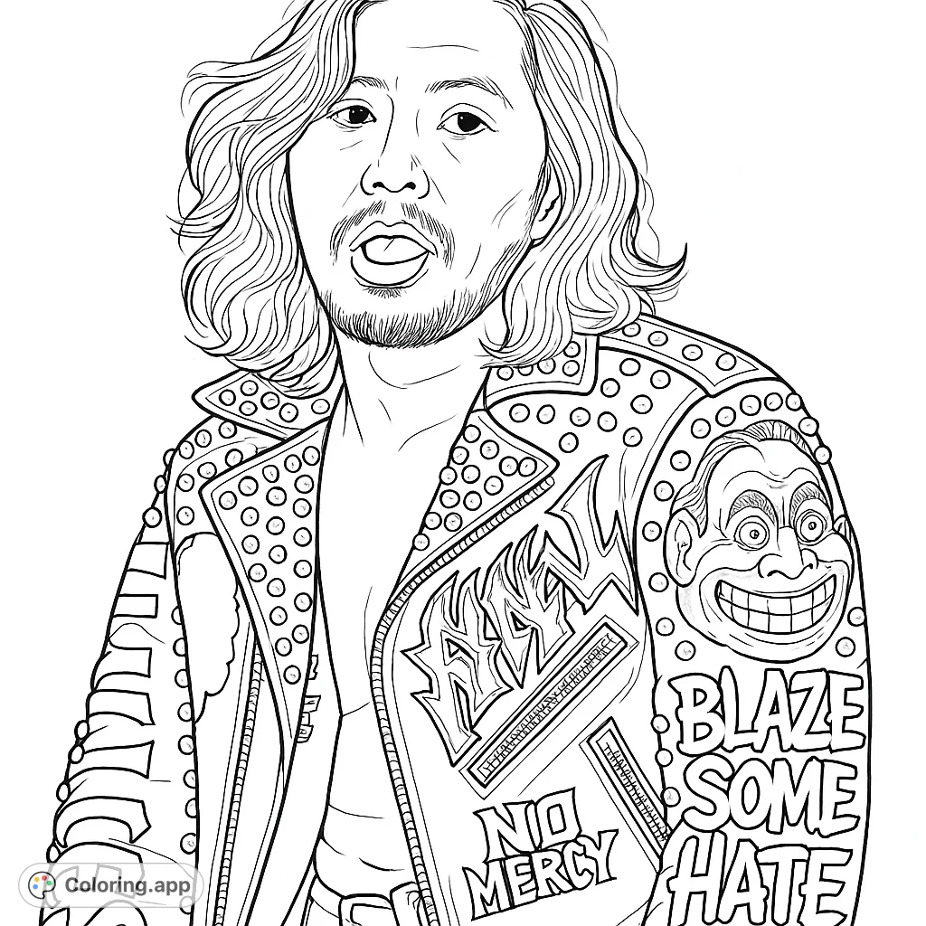 Unleash your creativity on this punk-inspired portrait featuring a person in a heavily studded jacket with bold graphics and a playful expression. A unique coloring challenge!