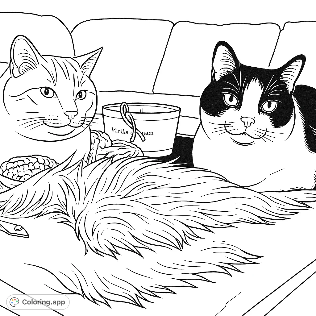 Two charming cats lounge on a soft rug, surrounded by a candle and yarn. A delightful scene for cat lovers to color and relax.