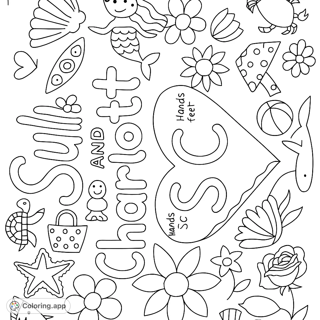 A delightful coloring page featuring the name Charlotte surrounded by a whimsical collection of jellyfish, surfboards, flowers, and various sea creatures.